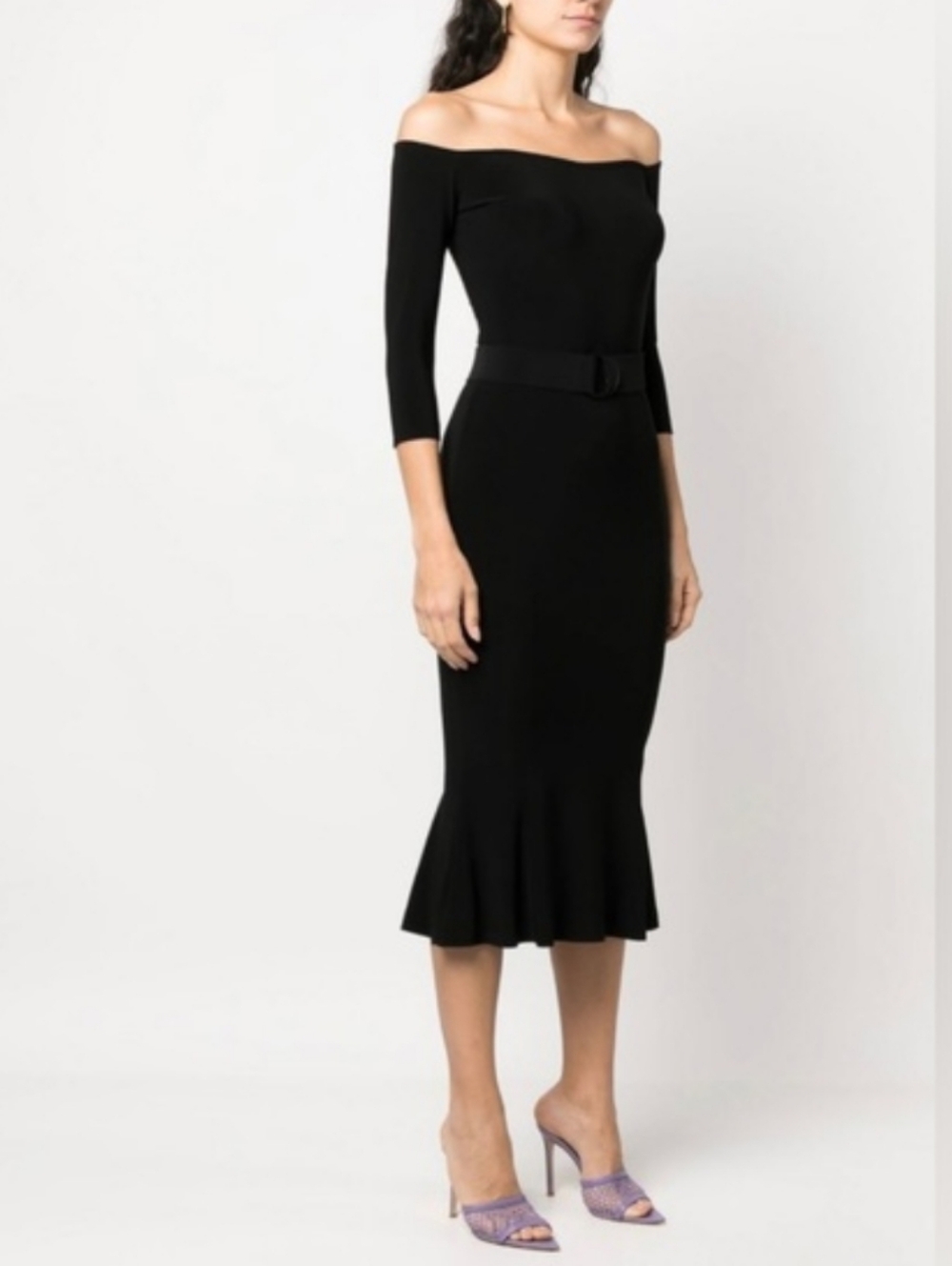 Norma Kamali Off Shoulder Black Dress | Fitted Midi Flare Hem Minimalist Size M